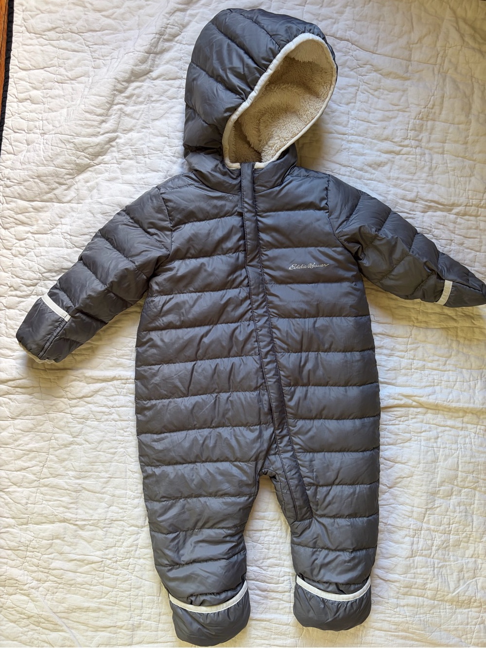Eddie Bauer Gray Hooded Snowsuit with Fur Lining